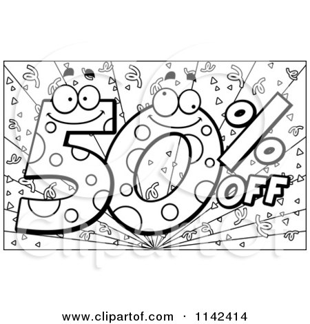 Cartoon Clipart Of A Black And White Happy 50 Percent Off Over Purple With Confetti - Vector Outlined Coloring Page by Cory Thoman