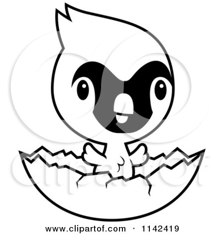 Cartoon Clipart Of A Black And White Cute Baby Cardinal Chick Hatching - Vector Outlined Coloring Page by Cory Thoman