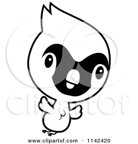 Cartoon Clipart Of A Black And White Cute Baby Cardinal Chick Flying - Vector Outlined Coloring Page by Cory Thoman