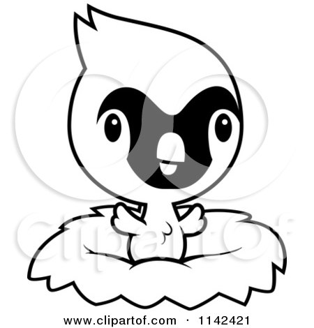 Cartoon Clipart Of A Black And White Cute Baby Cardinal Chick In A Nest - Vector Outlined Coloring Page by Cory Thoman
