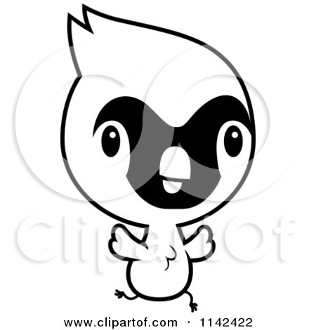 Cartoon Clipart Of A Black And White Cute Baby Cardinal Chick Running - Vector Outlined Coloring Page by Cory Thoman