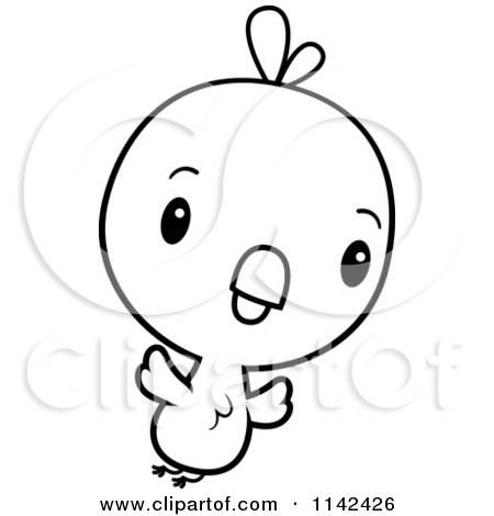 Cartoon Clipart Of A Black And White Cute Baby Chick Flying - Vector Outlined Coloring Page by Cory Thoman