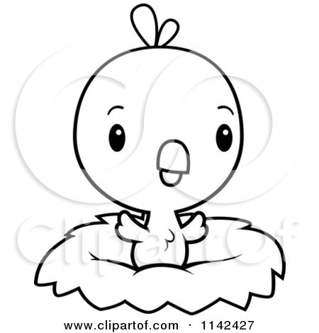 Cartoon Clipart Of A Black And White Cute Baby Chick In A Nest - Vector Outlined Coloring Page by Cory Thoman