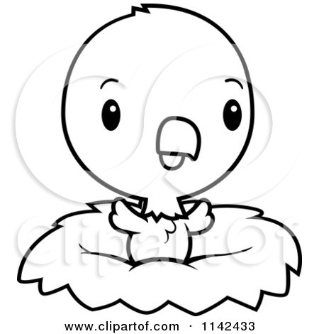 Cartoon Clipart Of A Black And White Cute Baby Bald American Eagle Chick In A Nest - Vector Outlined Coloring Page by Cory Thoman