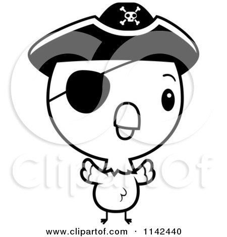 Cartoon Clipart Of A Black And White Cute Baby Parrot Pirate - Vector Outlined Coloring Page by Cory Thoman