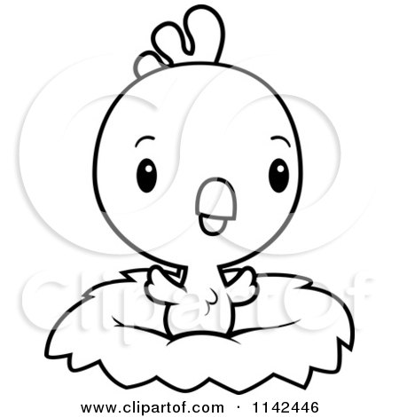 Cartoon Clipart Of A Black And White Cute Baby Rooster Chick In A Nest - Vector Outlined Coloring Page by Cory Thoman
