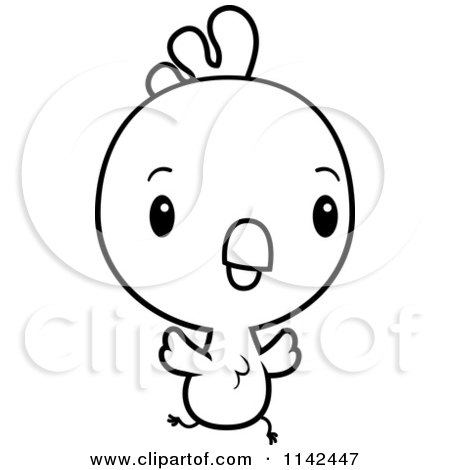 Cartoon Clipart Of A Black And White Cute Baby Rooster Chick Flying - Vector Outlined Coloring Page by Cory Thoman