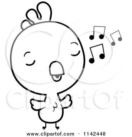 Cartoon Clipart Of A Black And White Cute Baby Rooster Chick Whistling - Vector Outlined Coloring Page by Cory Thoman