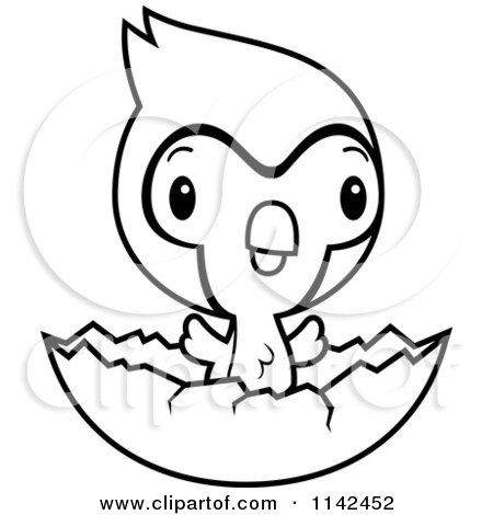 Cartoon Clipart Of A Black And White Cute Baby Bluejay Chick Hatching - Vector Outlined Coloring Page by Cory Thoman