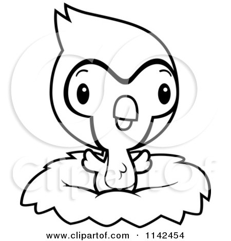Cartoon Clipart Of A Black And White Cute Baby Bluejay Chick In A Nest - Vector Outlined Coloring Page by Cory Thoman
