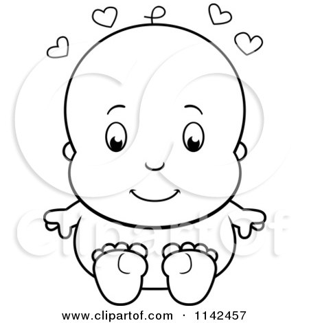 Cartoon Clipart Of A Black And White Cute Baby Sitting Naked - Vector Outlined Coloring Page by Cory Thoman