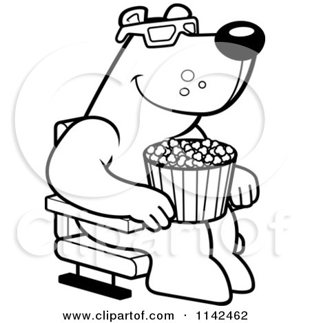 Cartoon Clipart Of A Black And White Bear Eating Popcorn And Watching A 3d Movie At The Theater - Vector Outlined Coloring Page by Cory Thoman