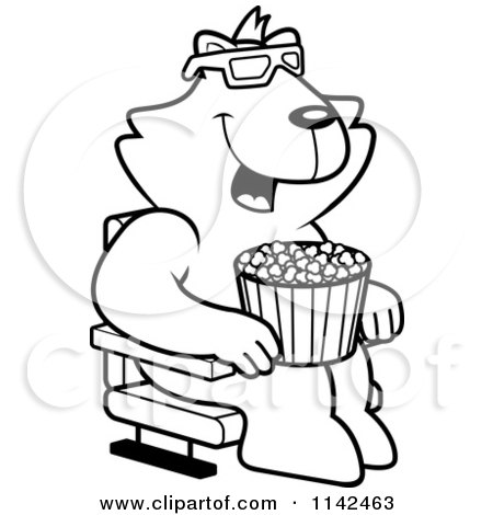 Cartoon Clipart Of A Black And White Cat Eating Popcorn And Watching A 3d Movie At The Theater - Vector Outlined Coloring Page by Cory Thoman