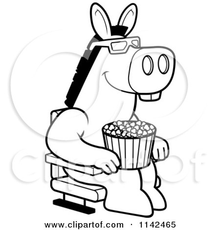 Cartoon Clipart Of A Black And White Donkey Eating Popcorn And Watching A 3d Movie At The Theater - Vector Outlined Coloring Page by Cory Thoman