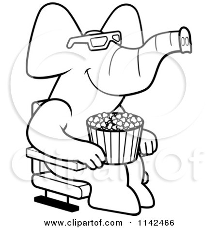 Cartoon Clipart Of A Black And White Elephant Eating Popcorn And Watching A 3d Movie At The Theater - Vector Outlined Coloring Page by Cory Thoman