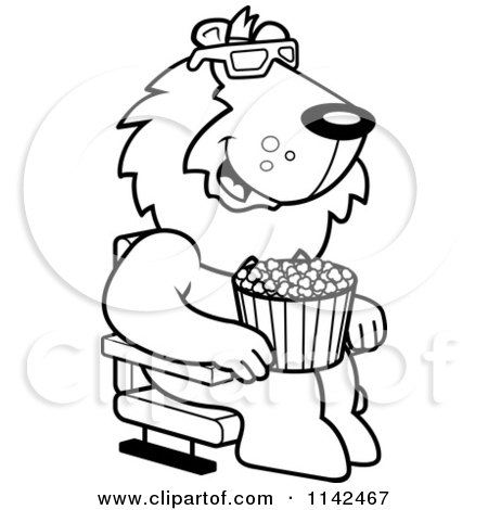 Cartoon Clipart Of A Black And White Lion Eating Popcorn And Watching A 3d Movie At The Theater - Vector Outlined Coloring Page by Cory Thoman