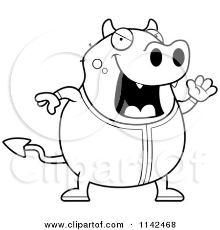 Cartoon Clipart Of A Black And White Chubby Devil Waving In His Pajamas - Vector Outlined Coloring Page by Cory Thoman