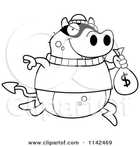 Cartoon Clipart Of A Black And White Devil Robbing A Bank - Vector Outlined Coloring Page by Cory Thoman