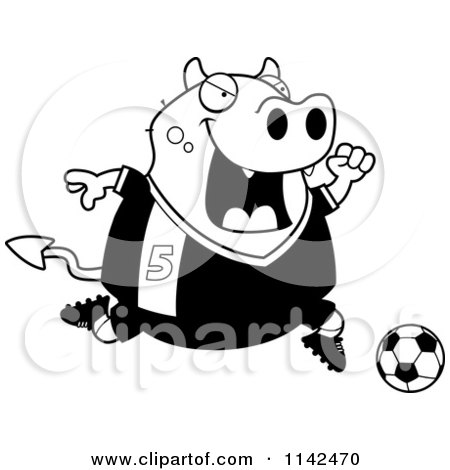 Cartoon Clipart Of A Black And White Chubby Devil Playing Soccer - Vector Outlined Coloring Page by Cory Thoman