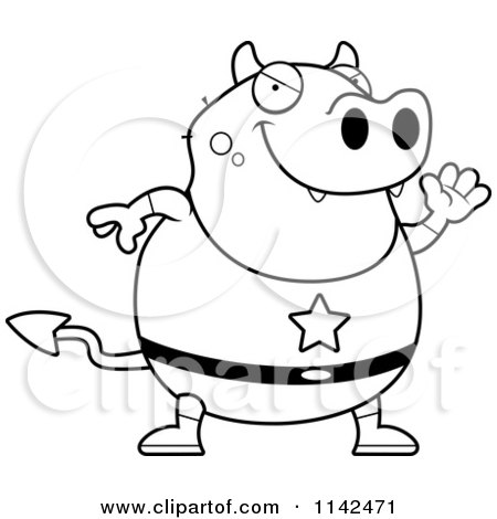 Cartoon Clipart Of A Black And White Chubby Super Devil Waving - Vector Outlined Coloring Page by Cory Thoman