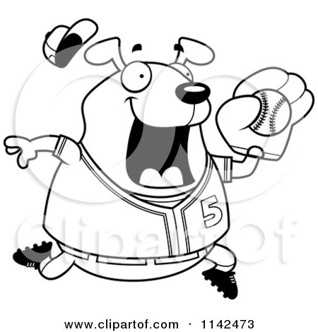 Cartoon Clipart Of A Black And White Chubby Dog Playing Baseball - Vector Outlined Coloring Page by Cory Thoman