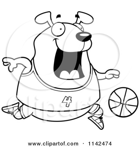Cartoon Clipart Of A Black And White Chubby Dog Playing Basketball - Vector Outlined Coloring Page by Cory Thoman