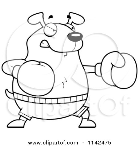 Cartoon Clipart Of A Black And White Chubby Dog Boxing - Vector Outlined Coloring Page by Cory Thoman