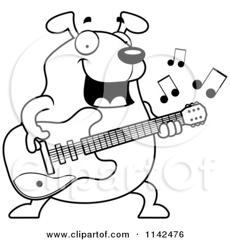 Cartoon Clipart Of A Black And White Chubby Dog Guitarist - Vector Outlined Coloring Page by Cory Thoman