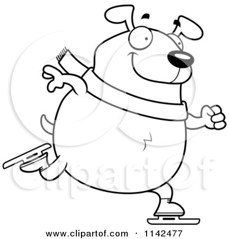Cartoon Clipart Of A Black And White Chubby Dog Ice Skating - Vector Outlined Coloring Page by Cory Thoman