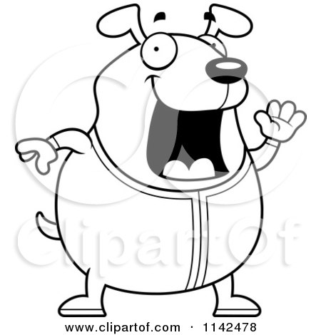 Cartoon Clipart Of A Black And White Chubby Dog Waving In Pajamas - Vector Outlined Coloring Page by Cory Thoman