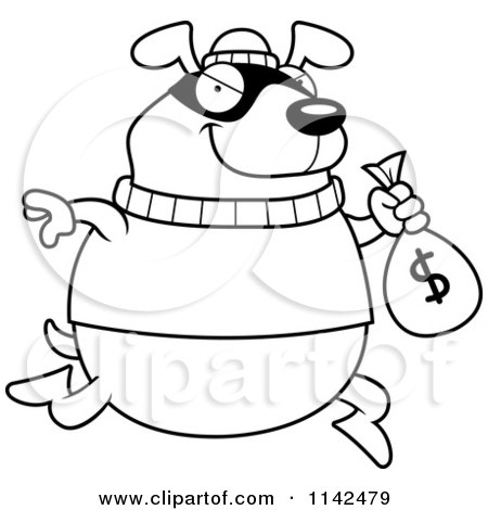 Cartoon Clipart Of A Black And White Dog Robbing A Bank - Vector Outlined Coloring Page by Cory Thoman