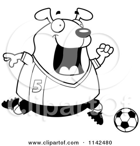 Cartoon Clipart Of A Black And White Chubby Dog Playing Soccer - Vector Outlined Coloring Page by Cory Thoman