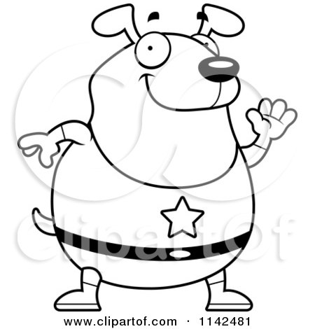 Cartoon Clipart Of A Black And White Chubby Super Dog Waving - Vector Outlined Coloring Page by Cory Thoman
