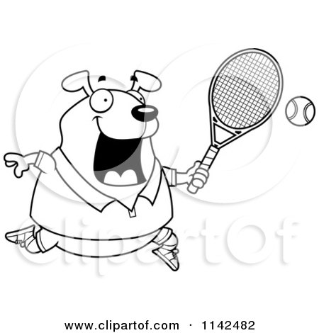 Cartoon Clipart Of A Black And White Chubby Dog Playing Tennis - Vector Outlined Coloring Page by Cory Thoman