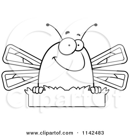 Cartoon Clipart Of A Black And White Dragonfly In Grass - Vector Outlined Coloring Page by Cory Thoman