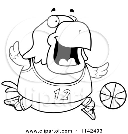 Cartoon Clipart Of A Black And White Chubby Bald Eagle Playing Basketball - Vector Outlined Coloring Page by Cory Thoman