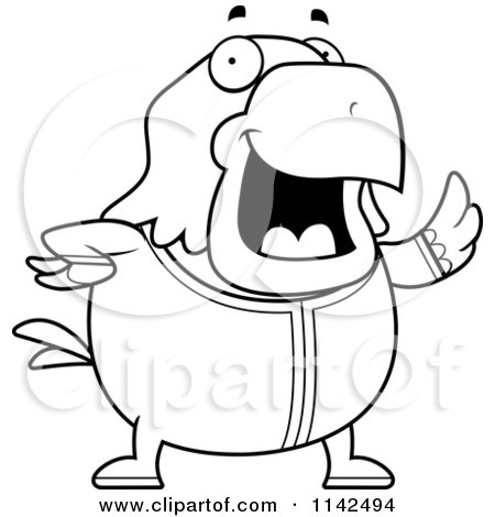 Cartoon Clipart Of A Black And White Chubby Bald Eagle Waving In Pajamas - Vector Outlined Coloring Page by Cory Thoman