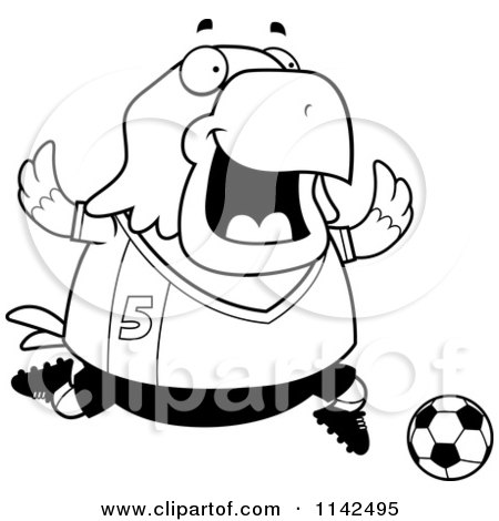 Cartoon Clipart Of A Black And White Chubby Bald Eagle Playing Soccer - Vector Outlined Coloring Page by Cory Thoman