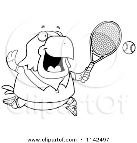 Cartoon Clipart Of A Black And White Chubby Bald Eagle Playing Tennis - Vector Outlined Coloring Page by Cory Thoman