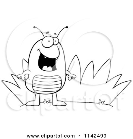 Cartoon Clipart Of A Black And White Flea By Grass - Vector Outlined Coloring Page by Cory Thoman