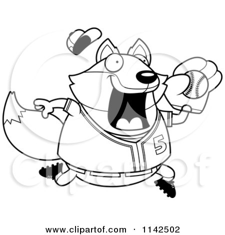 Cartoon Clipart Of A Black And White Chubby Fox Playing Baseball - Vector Outlined Coloring Page by Cory Thoman