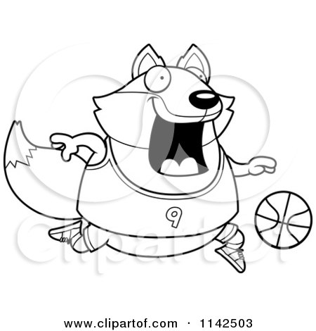 Cartoon Clipart Of A Black And White Chubby Fox Playing Basketball - Vector Outlined Coloring Page by Cory Thoman
