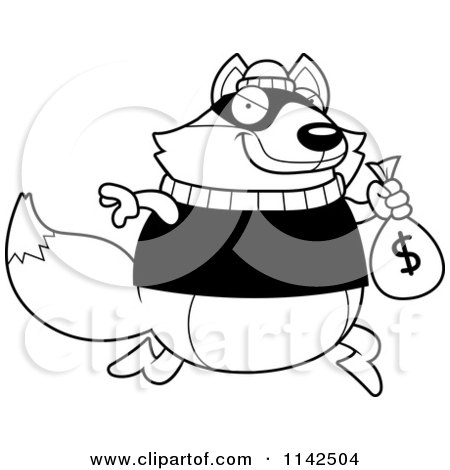 Cartoon Clipart Of A Black And White Fox Robbing A Bank - Vector Outlined Coloring Page by Cory Thoman