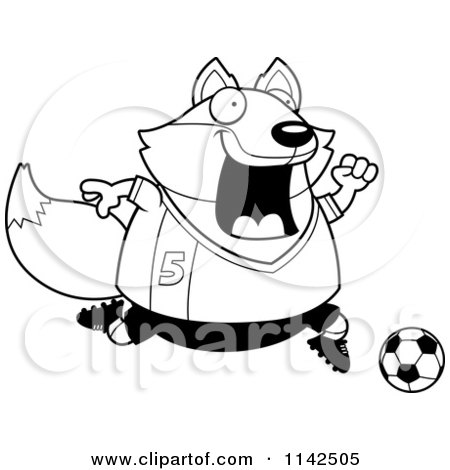 Cartoon Clipart Of A Black And White Chubby Fox Playing Soccer - Vector Outlined Coloring Page by Cory Thoman