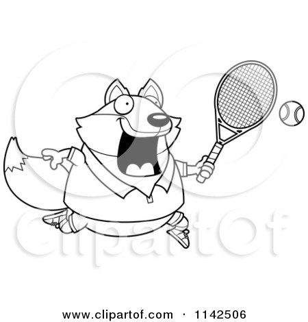 Cartoon Clipart Of A Black And White Chubby Fox Playing Tennis - Vector Outlined Coloring Page by Cory Thoman