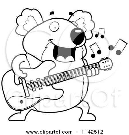 Cartoon Clipart Of A Black And White Chubby Koala Guitarist - Vector Outlined Coloring Page by Cory Thoman