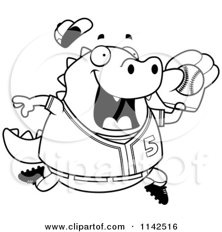 Cartoon Clipart Of A Black And White Chubby Lizard Playing Baseball - Vector Outlined Coloring Page by Cory Thoman