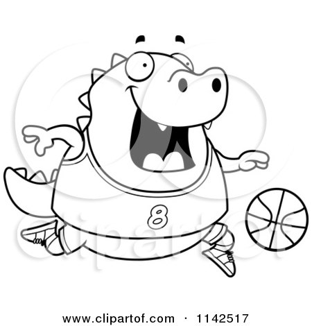 Cartoon Clipart Of A Black And White Chubby Lizard Playing Basketball - Vector Outlined Coloring Page by Cory Thoman