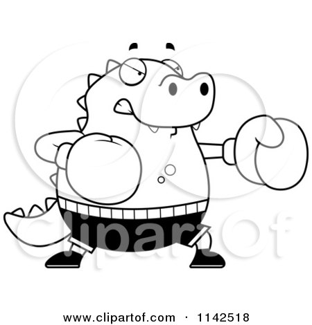 Cartoon Clipart Of A Black And White Chubby Lizard Boxing - Vector Outlined Coloring Page by Cory Thoman