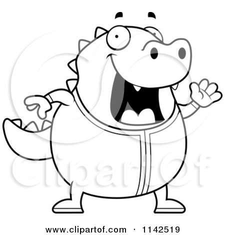 Cartoon Clipart Of A Black And White Chubby Lizard Waving In Pajamas - Vector Outlined Coloring Page by Cory Thoman